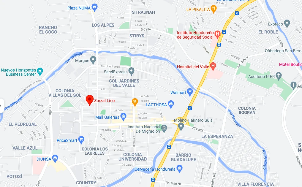 Mapa de San Pedro Sula con la ubicación de Zorzal Lirio marcada en la Colonia Villas del Sol, cerca de Mall Galerías.
